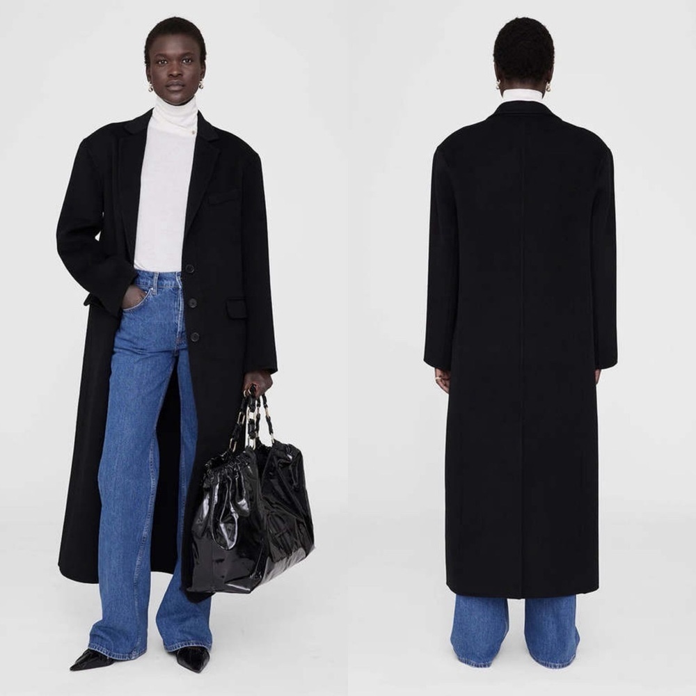 Anine Bing Quinn Cashmere Blend Long Coat Trench Wool Black XS EUC